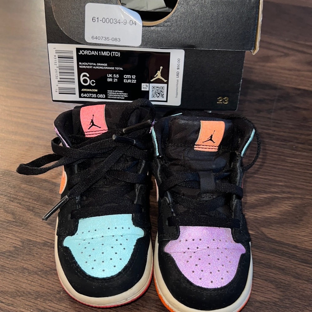 Toddler Nike Jordan girls sneakers. Size 6c black orange purple and teal.